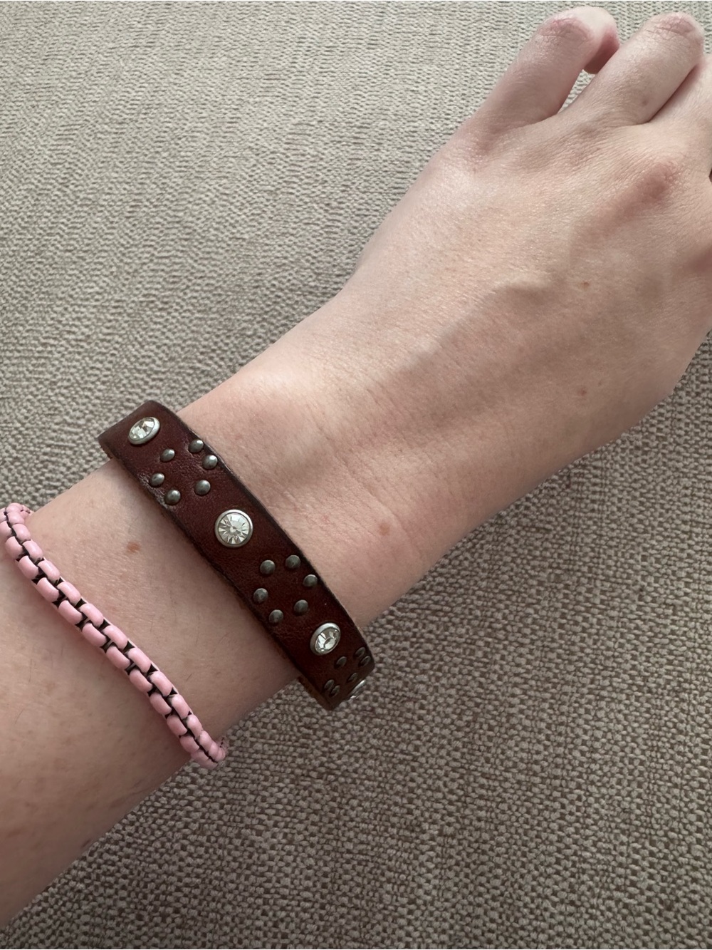 Brown Leather Stud Bracelet with Crystal Accents